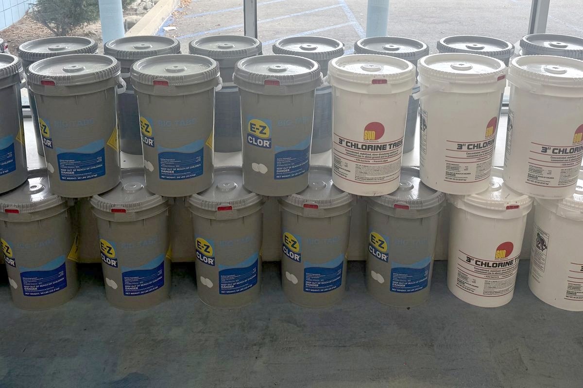 Pallets of chlorine tabs and shock stocked at the Upland store