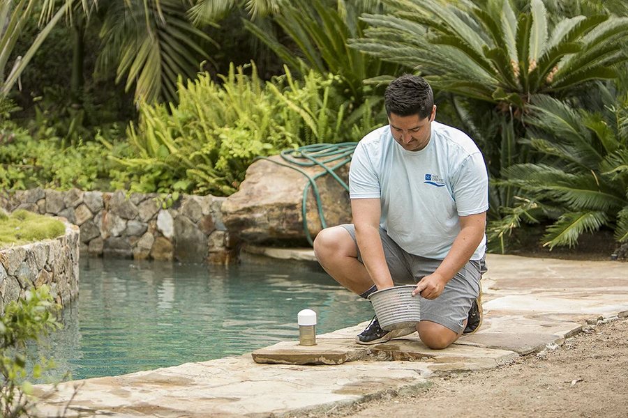 Technician skimming a pool on weekly service in Upland